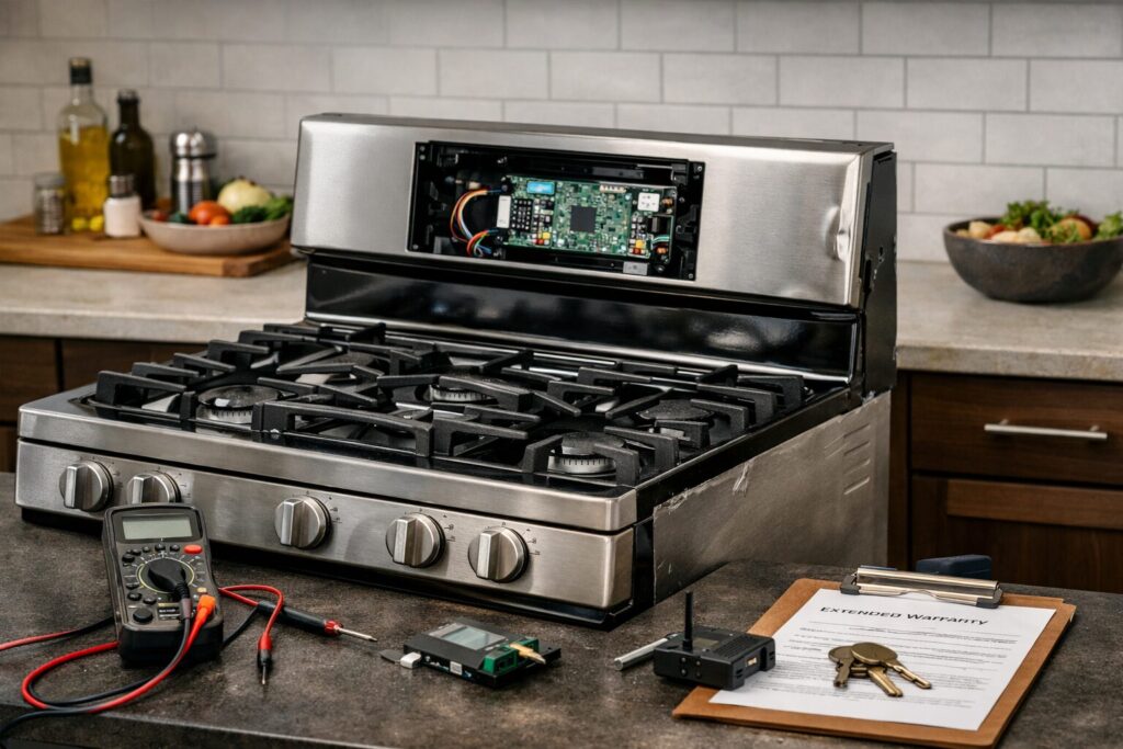 modern kitchen with a scratch and dent gas range showing smart control panel and a technician inspecting the appliance