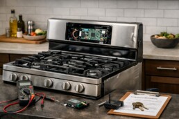 modern kitchen with a scratch and dent gas range showing smart control panel and a technician inspecting the appliance