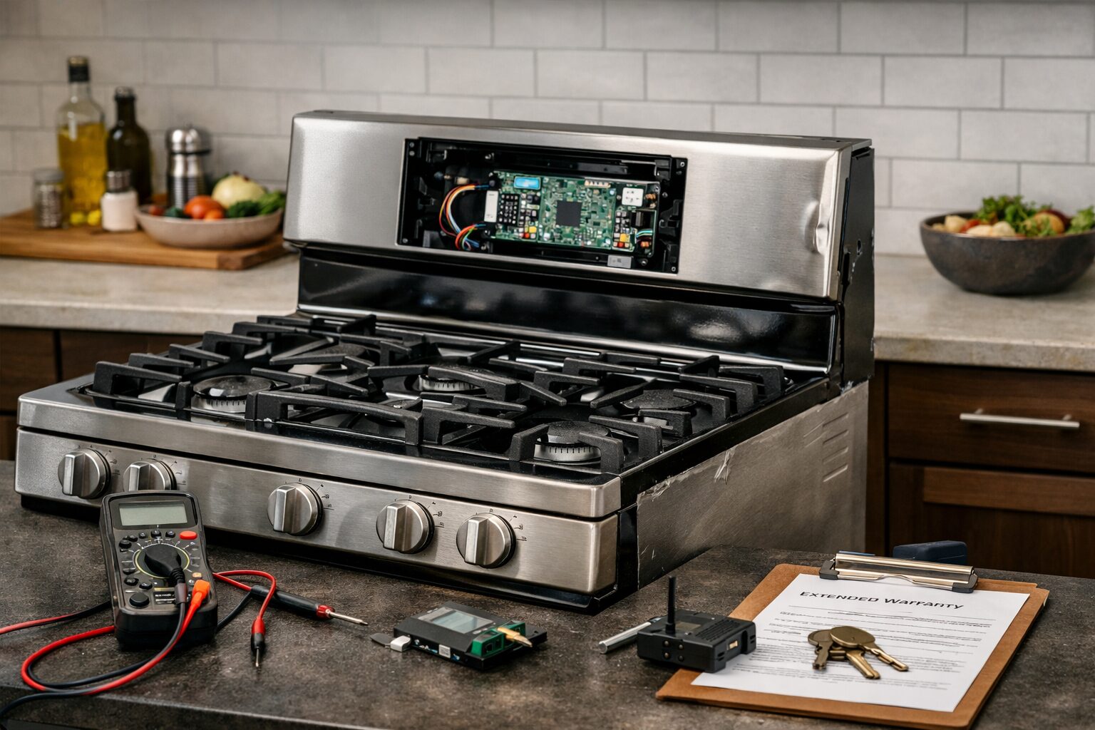 modern kitchen with a scratch and dent gas range showing smart control panel and a technician inspecting the appliance