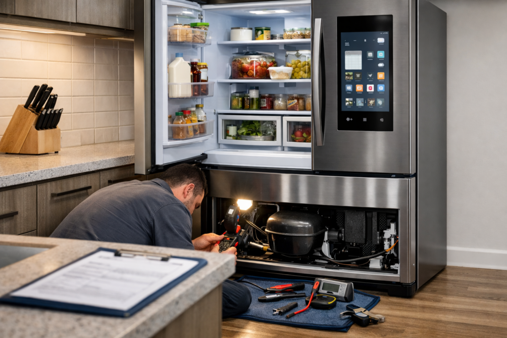 Technician inspecting smart French door refrigerator in modern kitchen during repair service appointment