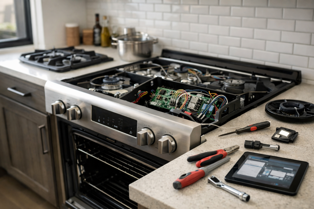 Technician inspecting a modern smart gas range in a bright kitchen during a repair service appointment