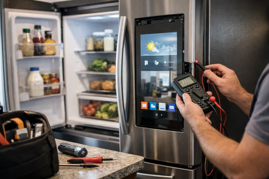 Modern French door refrigerator with touchscreen panel in a bright kitchen, technician inspecting appliance controls nearby