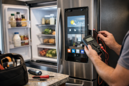 Modern French door refrigerator with touchscreen panel in a bright kitchen, technician inspecting appliance controls nearby