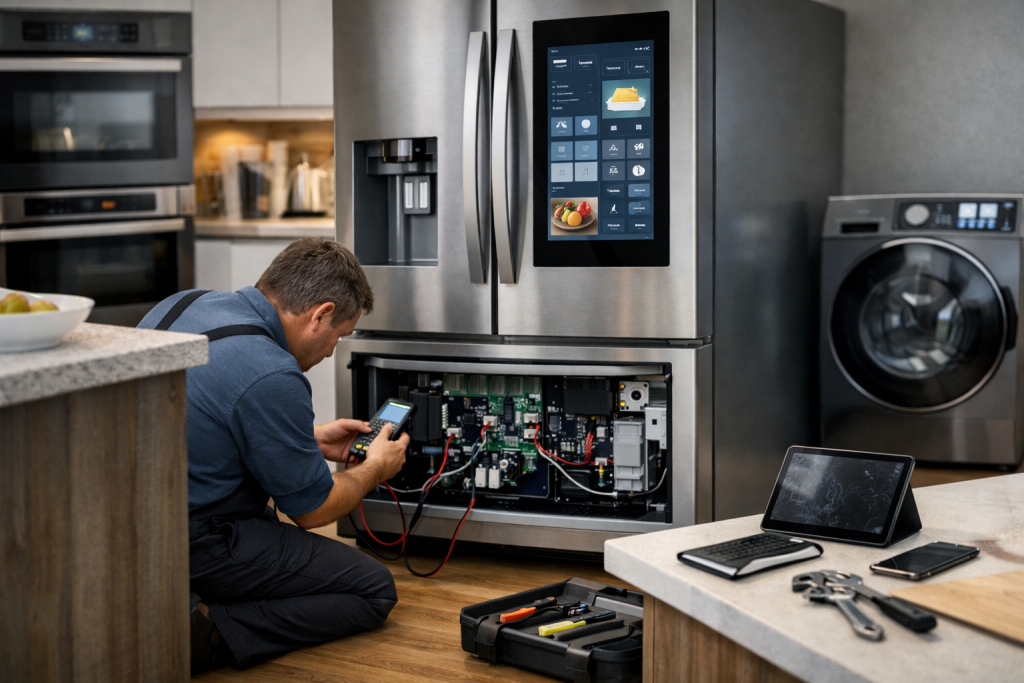 Technician repairing a smart refrigerator in a modern kitchen with repair tools and diagnostic equipment visible