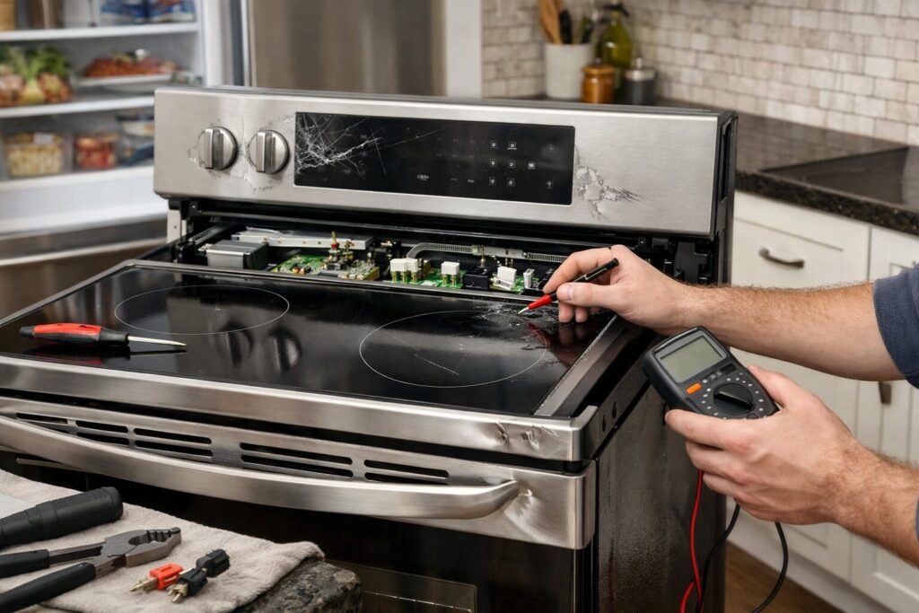Technician inspecting touch control panel on scratched electric range in modern kitchen setting