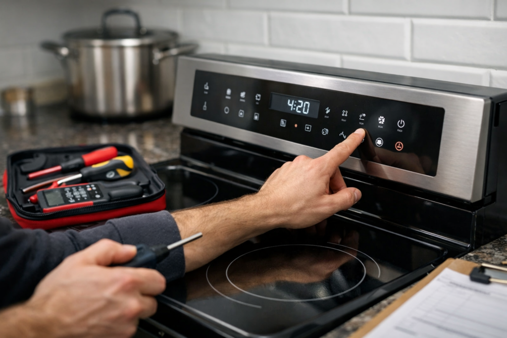 Close-up of a modern electric range touch control panel with a technician inspecting and testing the controls in a kitchen