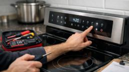 Close-up of a modern electric range touch control panel with a technician inspecting and testing the controls in a kitchen