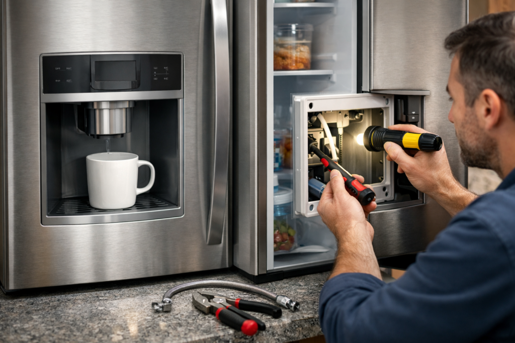 French door refrigerator water dispenser with technician inspecting and repairing in modern kitchen setting