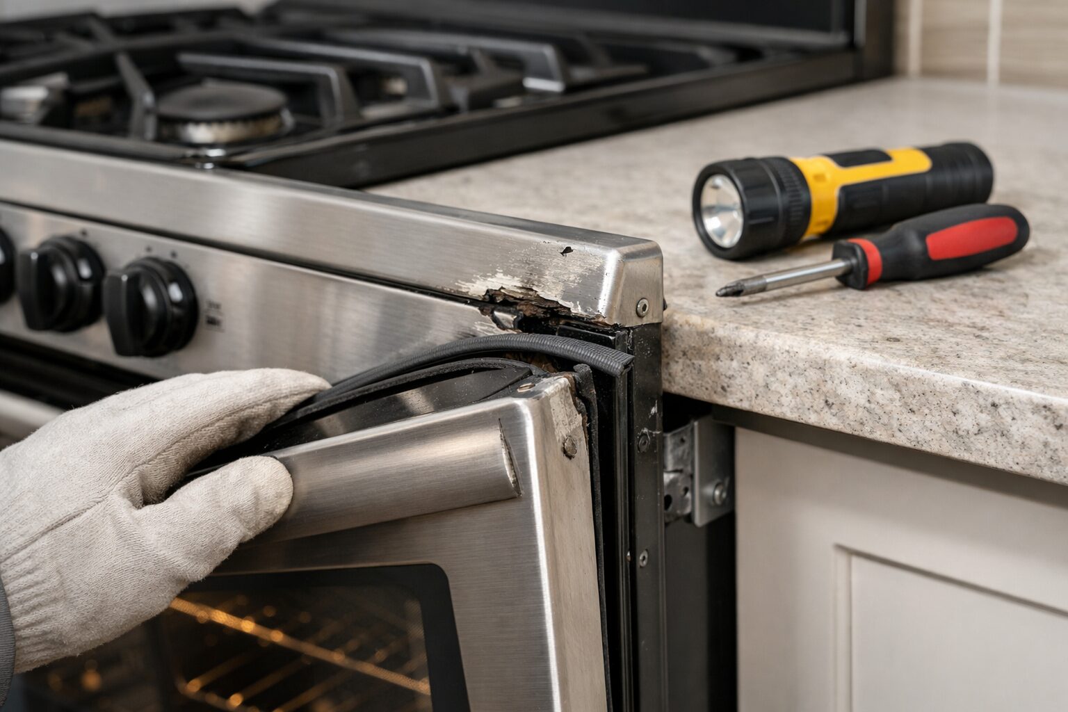 close-up of a gas range oven door with visible dent near the seal and a technician inspecting the hinge area