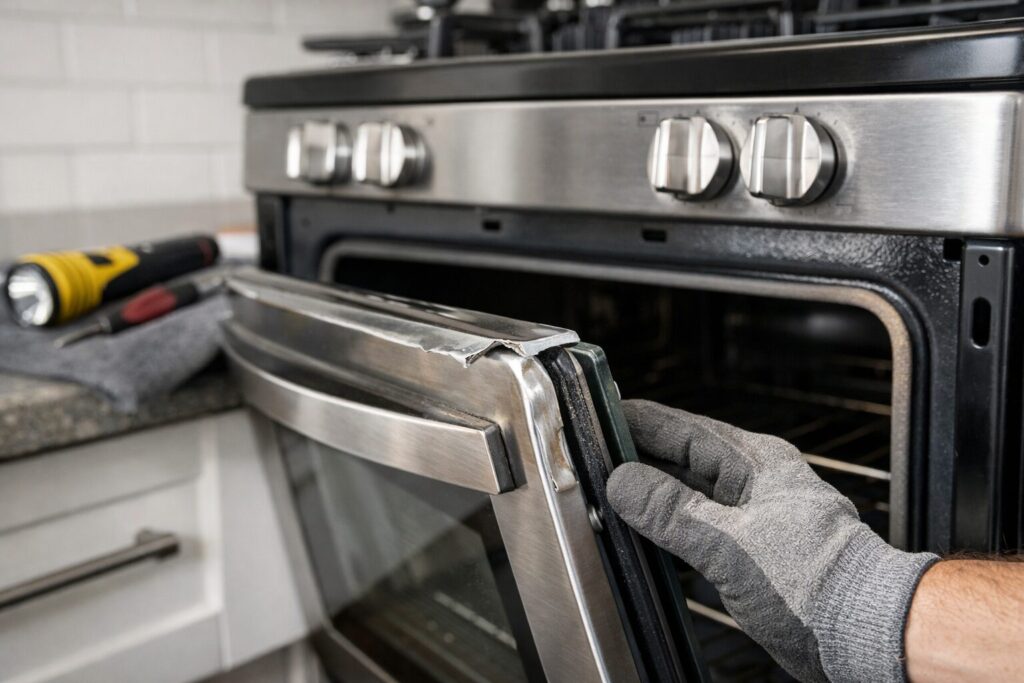 Close-up of an electric range oven door with visible dent and misaligned seal in a modern kitchen setting
