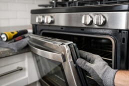 Close-up of an electric range oven door with visible dent and misaligned seal in a modern kitchen setting