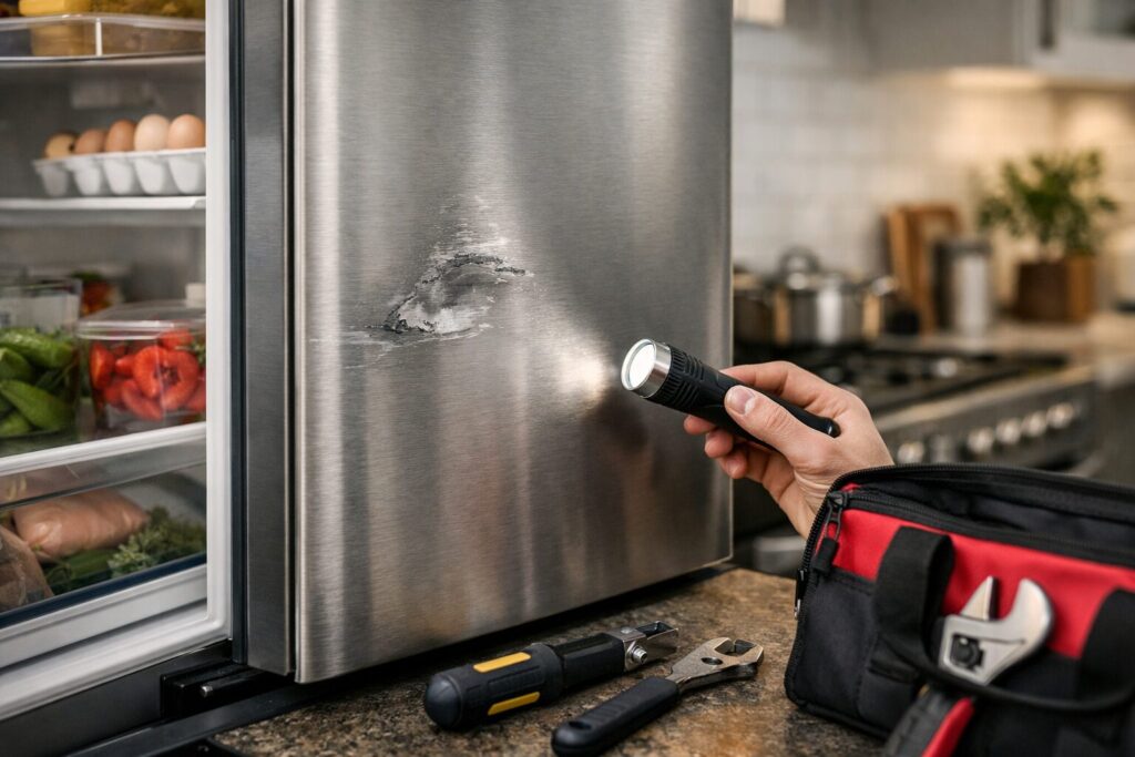 Close-up of a scratched refrigerator door in a modern kitchen highlighting cosmetic damage on a scratch and dent appliance