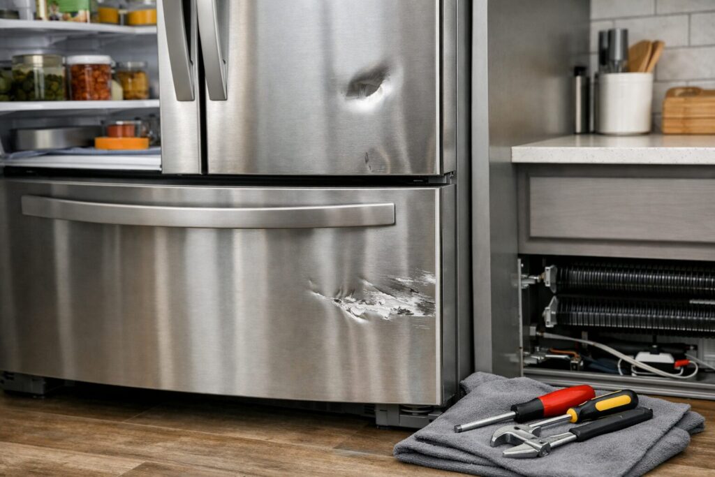 French door refrigerator with visible cosmetic scratches in a modern kitchen setting highlighting appliance wear concerns