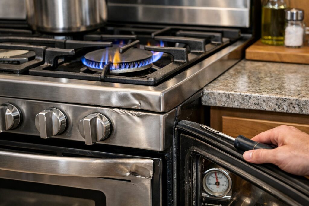 technician inspecting a dented gas range burner area in a modern kitchen setting with natural lighting