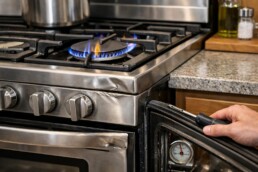technician inspecting a dented gas range burner area in a modern kitchen setting with natural lighting