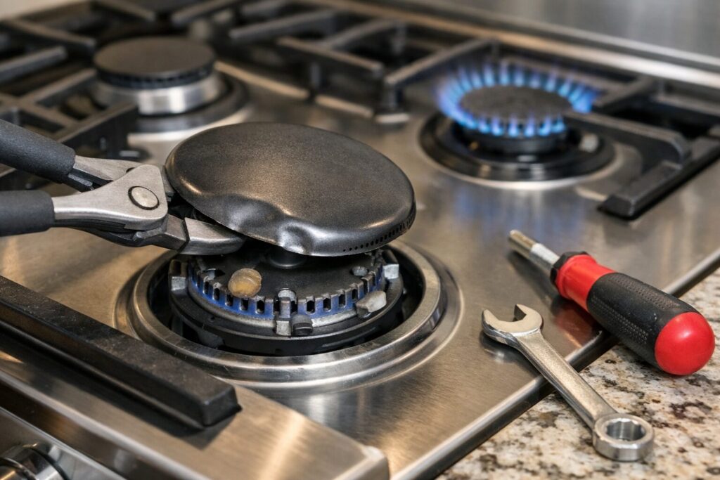 Close-up of a gas range burner with visible dents on the metal surface in a modern kitchen setting