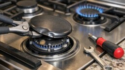 Close-up of a gas range burner with visible dents on the metal surface in a modern kitchen setting