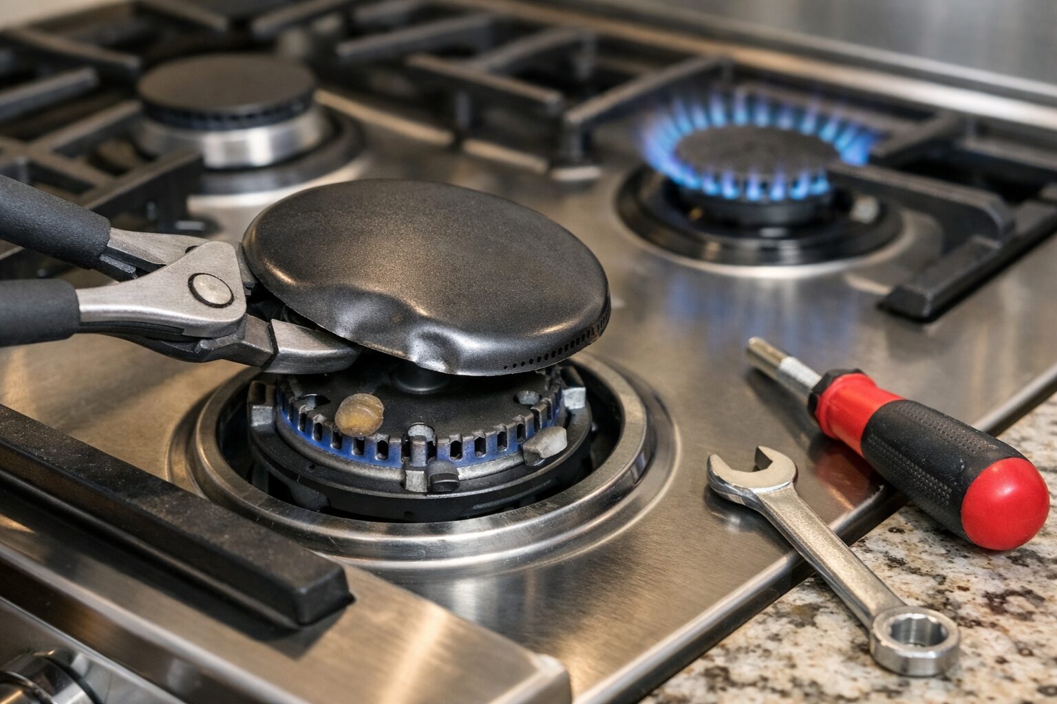 Close-up of a gas range burner with visible dents on the metal surface in a modern kitchen setting