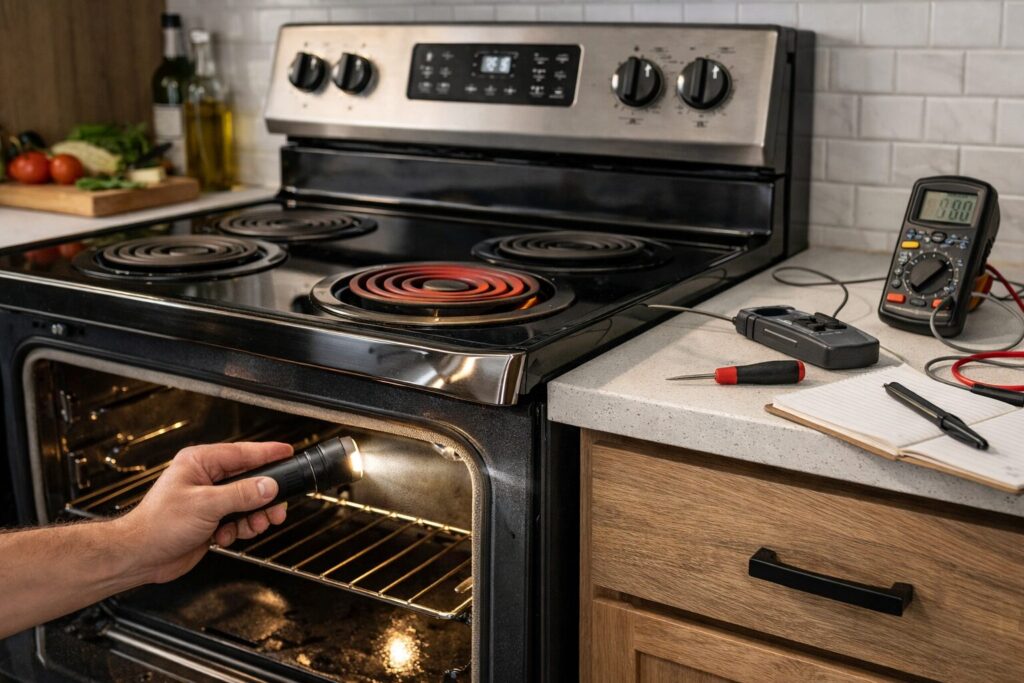 Close-up of a dented electric range cooktop with a technician inspecting heating elements in a modern kitchen setting