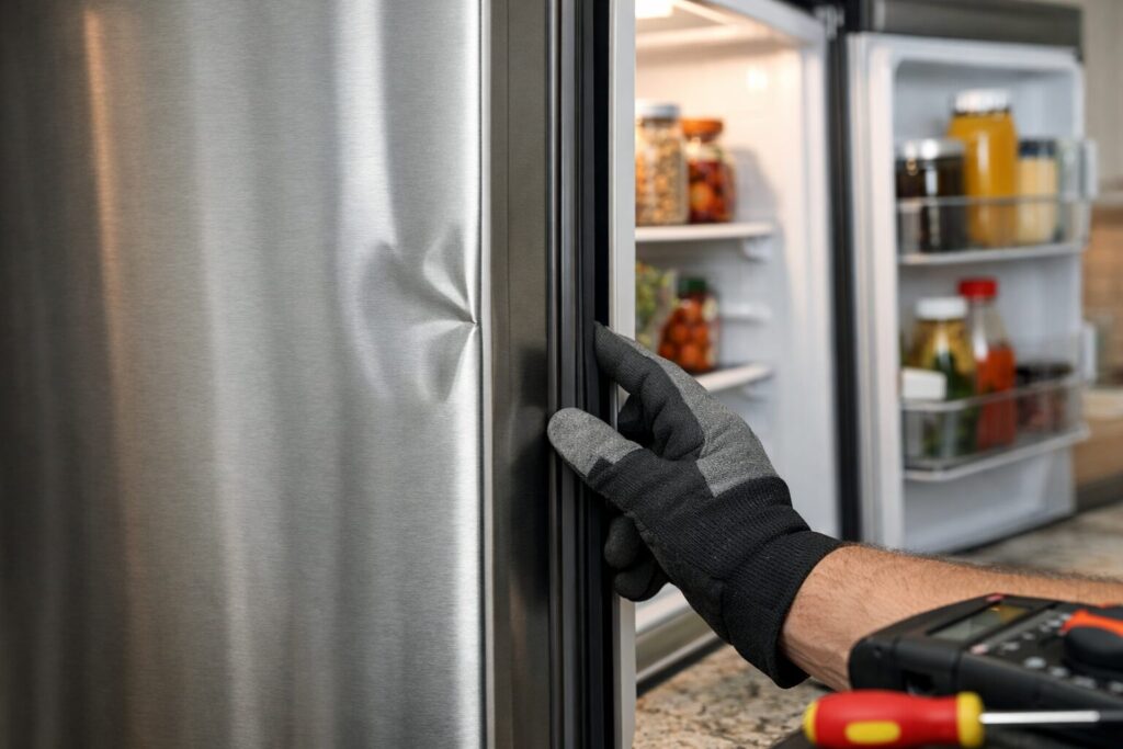 Close-up of a French door refrigerator with a visible dent near the door seal in a modern kitchen setting