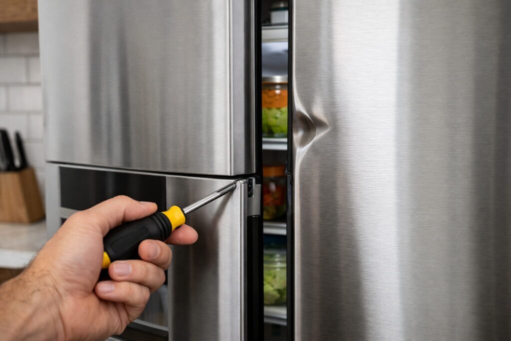 Close-up of a French door refrigerator with a visible dent near the door hinge in a modern kitchen setting