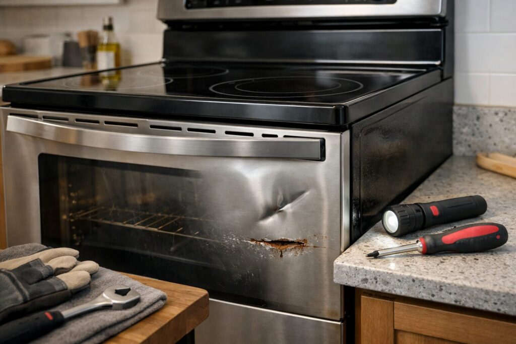 electric range with visible dents and scratches in a modern kitchen setting highlighting repair concerns and ownership risks