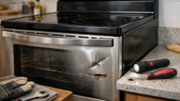 electric range with visible dents and scratches in a modern kitchen setting highlighting repair concerns and ownership risks