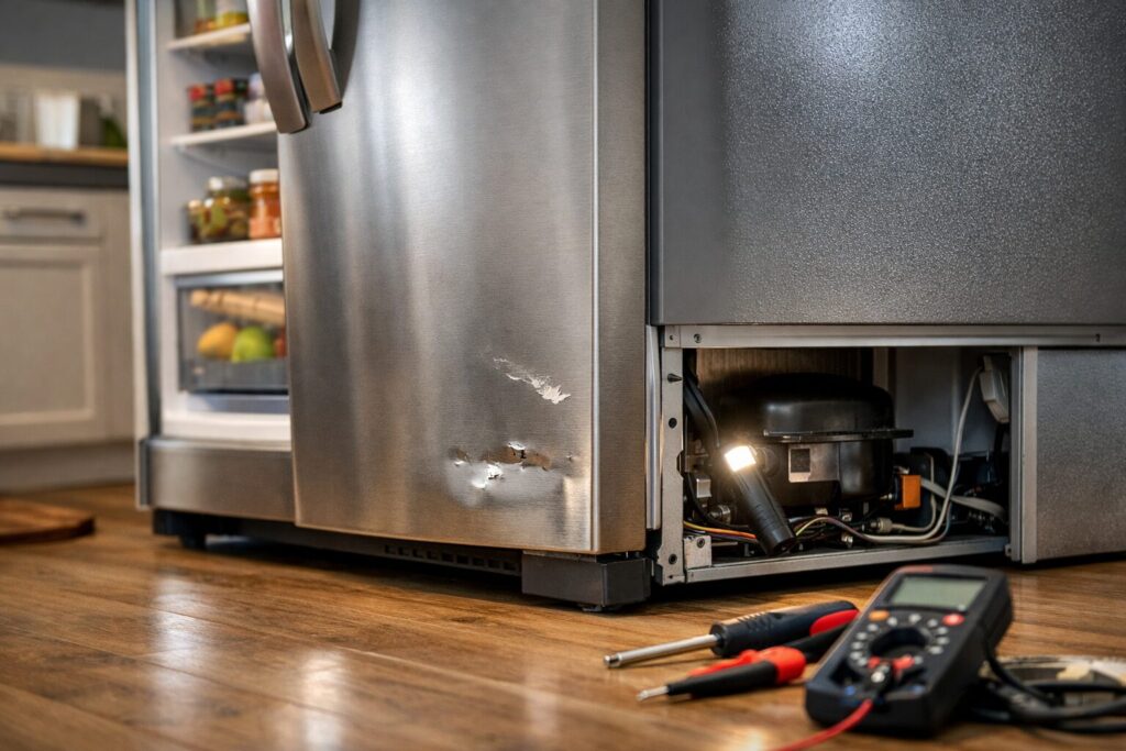 Technician inspecting inside a scratched and dented refrigerator door in a modern kitchen repair setting