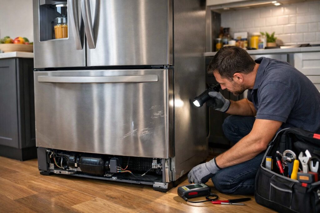 French door refrigerator in modern kitchen with visible minor dents and a technician inspecting for hidden shipping damage