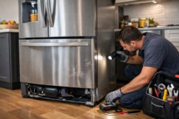 French door refrigerator in modern kitchen with visible minor dents and a technician inspecting for hidden shipping damage
