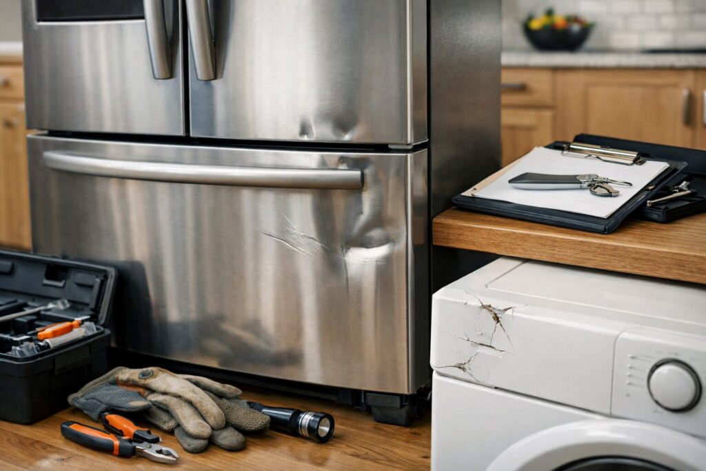 Modern kitchen with a scratched refrigerator and repair tools on countertop indicating appliance damage and protection