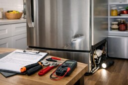 Technician inspecting a scratched refrigerator door in a modern kitchen during a warranty repair assessment