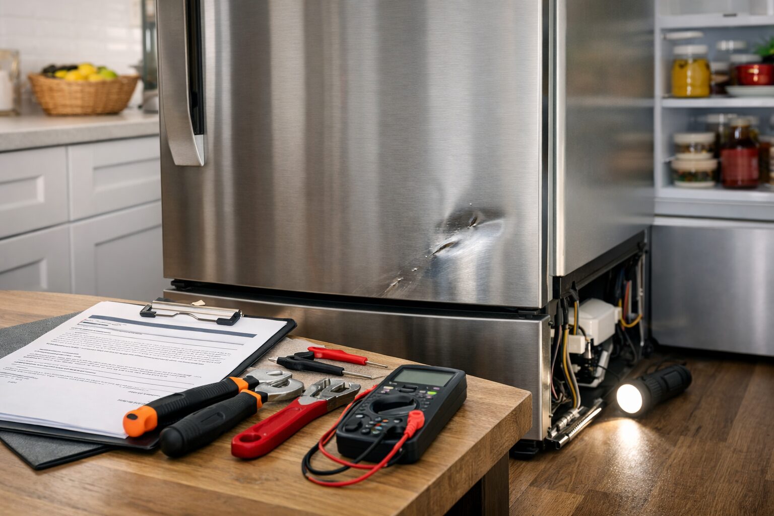 Technician inspecting a scratched refrigerator door in a modern kitchen during a warranty repair assessment