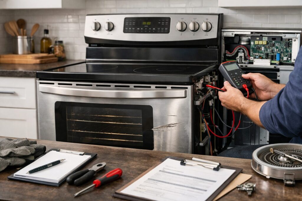 technician inspecting electric range control panel in modern kitchen with visible scratch and dent on appliance surface