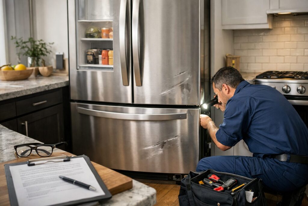 French door refrigerator with visible scratch and dent in a modern kitchen setting highlighting warranty repair context