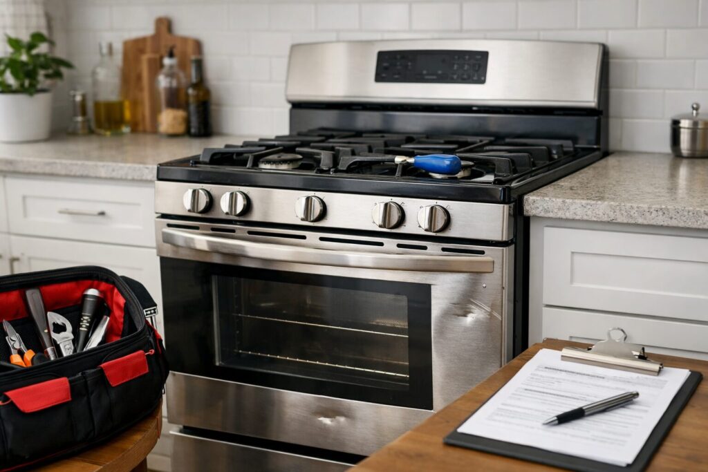 Close-up of a modern gas range with visible scratches and dents in a clean kitchen setting