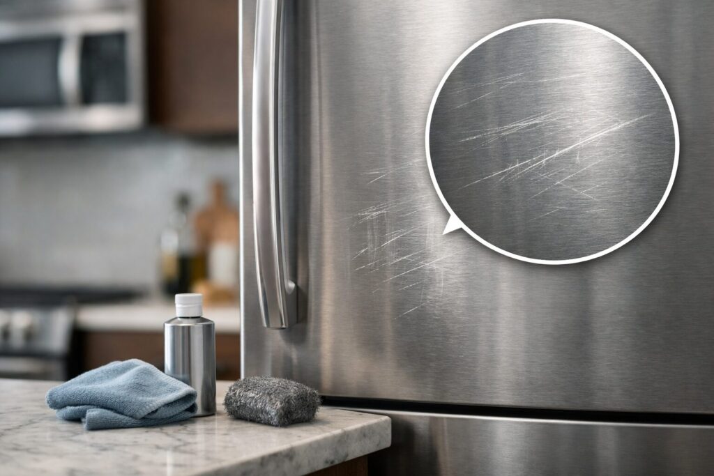 Close-up of a stainless steel appliance surface showing fine scratches under natural kitchen lighting in a modern home