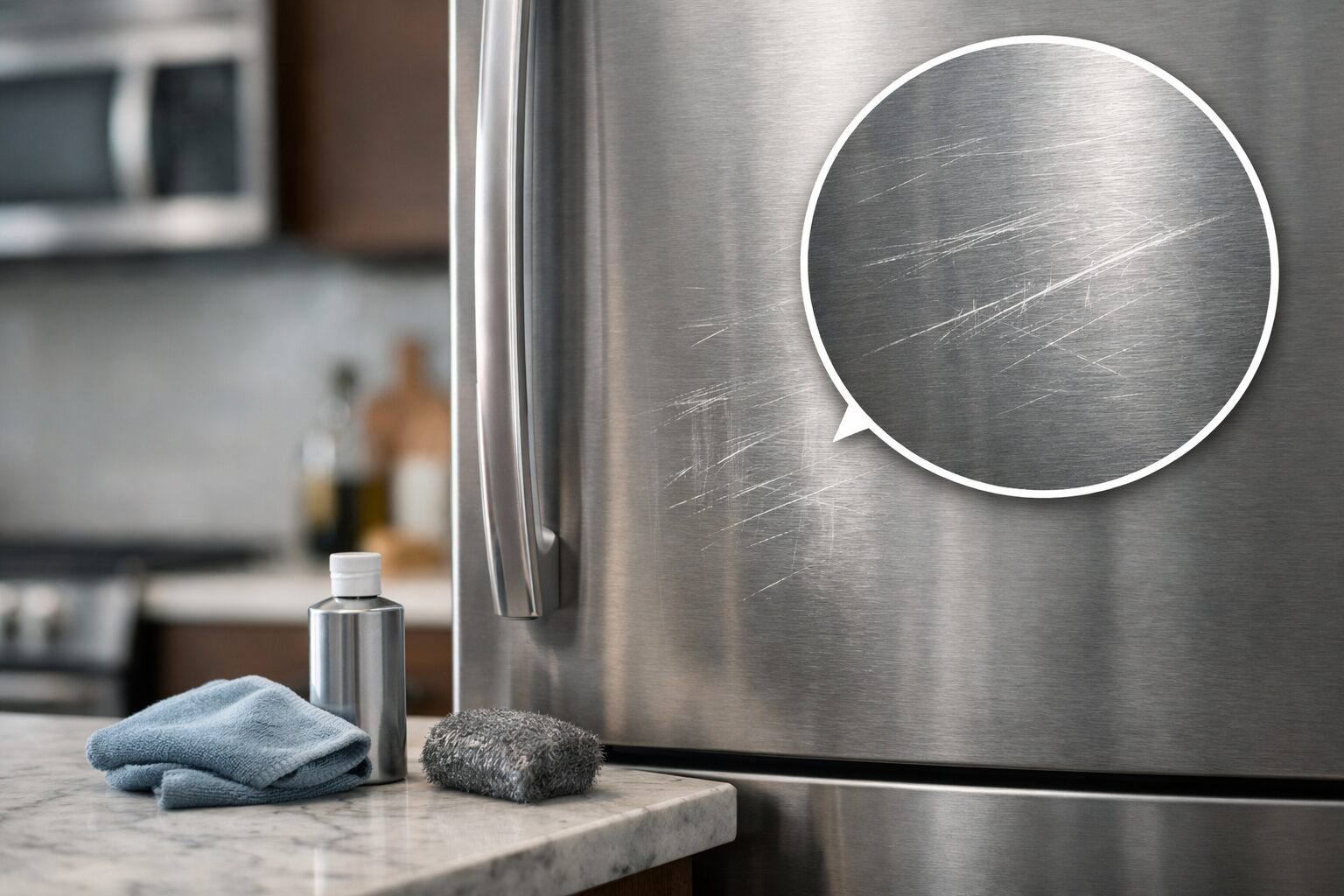Close-up of a stainless steel appliance surface showing fine scratches under natural kitchen lighting in a modern home