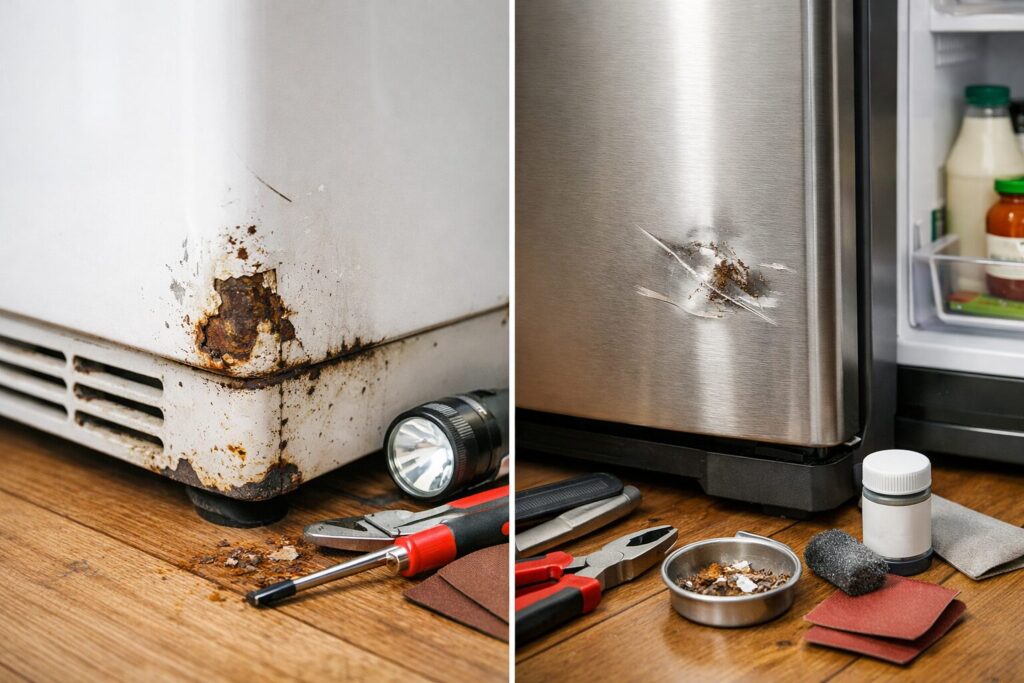close-up of a dented and scratched enamel appliance surface in a modern kitchen setting with natural lighting