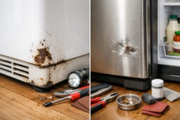 close-up of a dented and scratched enamel appliance surface in a modern kitchen setting with natural lighting