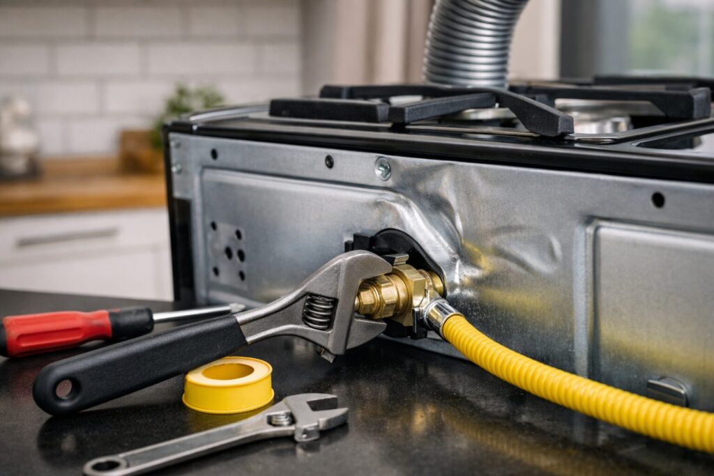 Close-up of a technician inspecting gas connections on a modern gas range in a clean kitchen setting