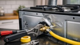 Close-up of a technician inspecting gas connections on a modern gas range in a clean kitchen setting