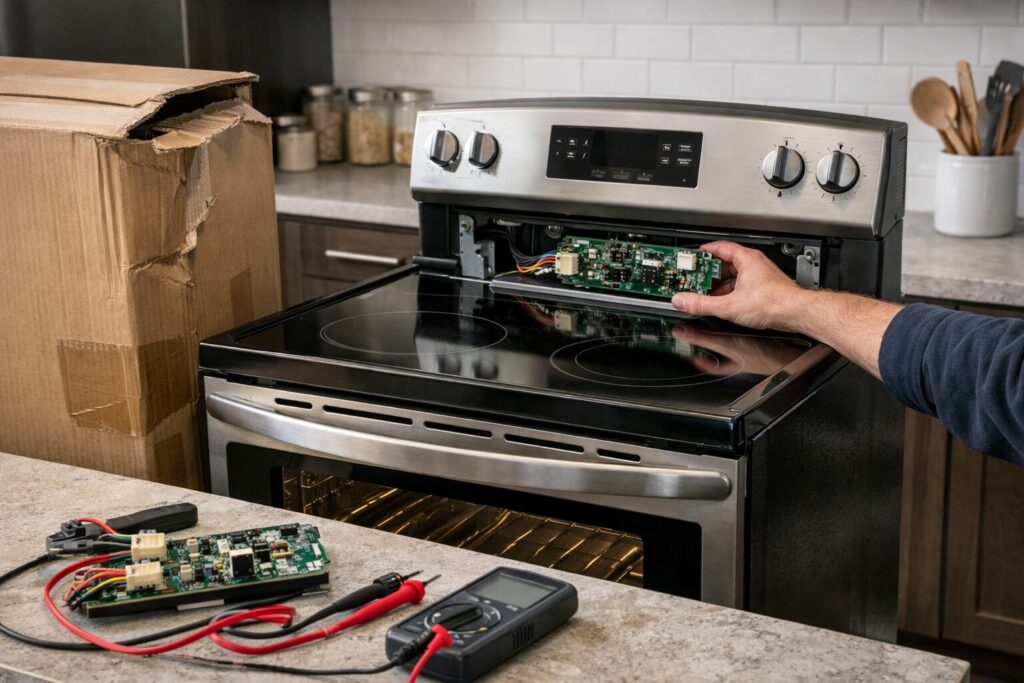 Technician inspecting and repairing the electronic control panel inside an electric range in a modern kitchen setting