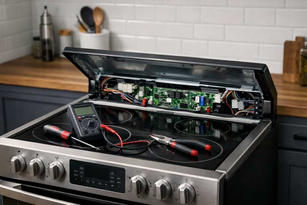 Technician inspecting control board inside an electric range in a modern kitchen repair setting