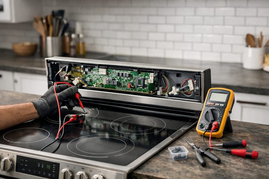Technician repairing electronic control panel of electric range in modern kitchen setting with repair tools nearby