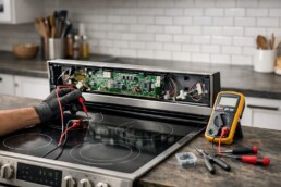 Technician repairing electronic control panel of electric range in modern kitchen setting with repair tools nearby