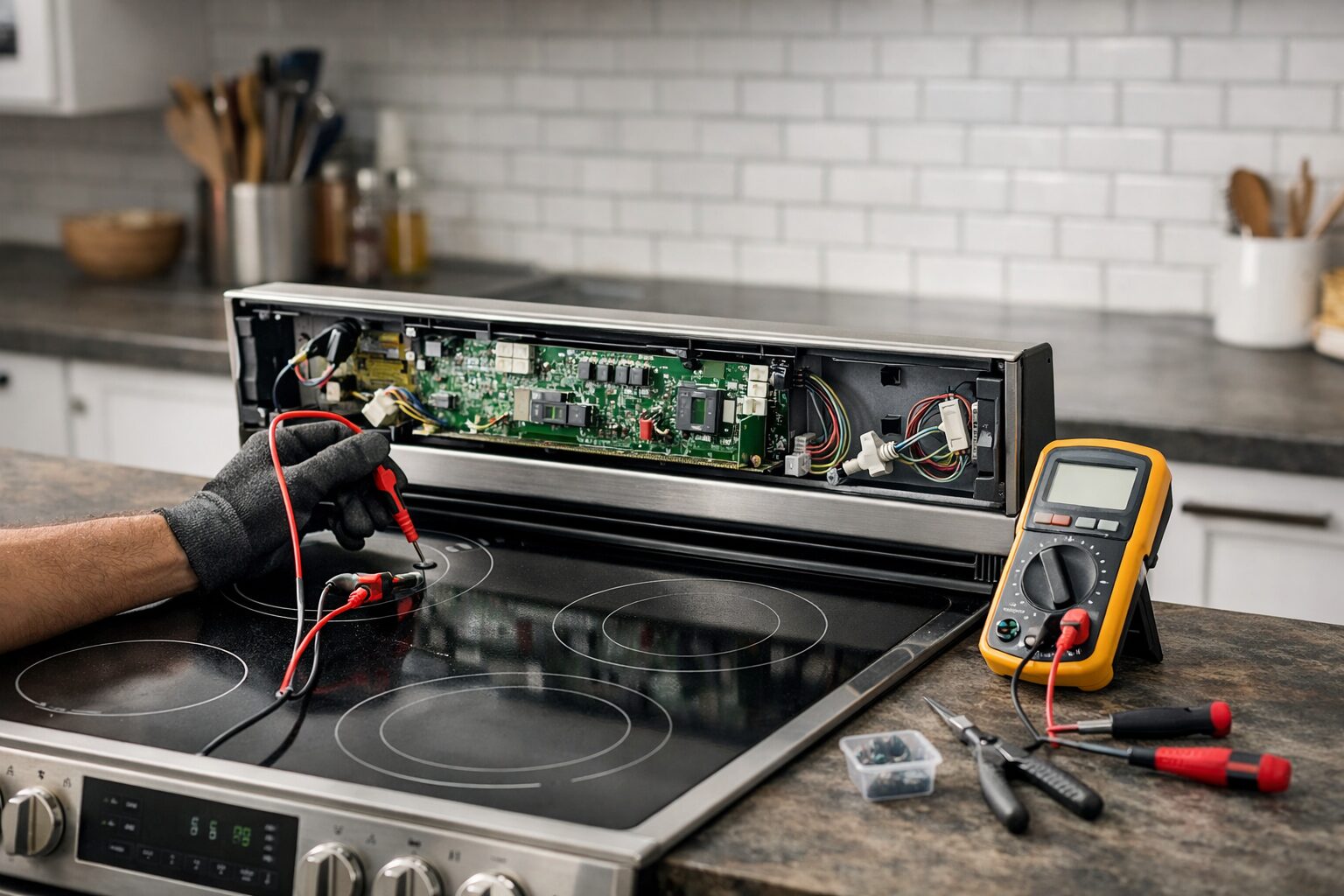 Technician repairing electronic control panel of electric range in modern kitchen setting with repair tools nearby