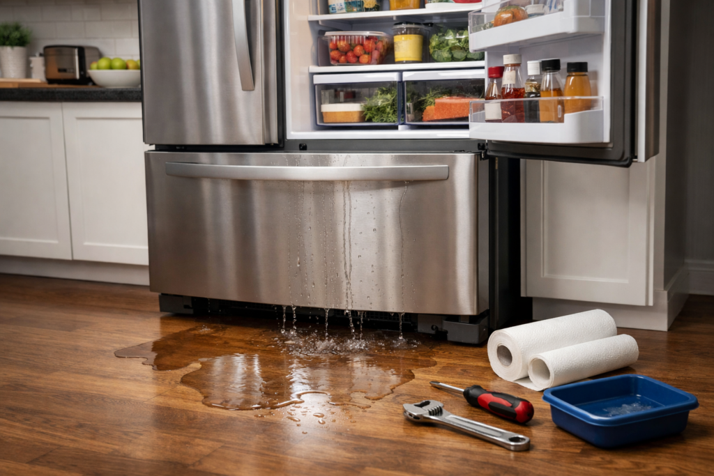 modern kitchen with open French door refrigerator showing water leak and technician inspecting appliance interior