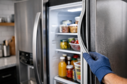 French door refrigerator with technician inspecting door seal in modern kitchen setting