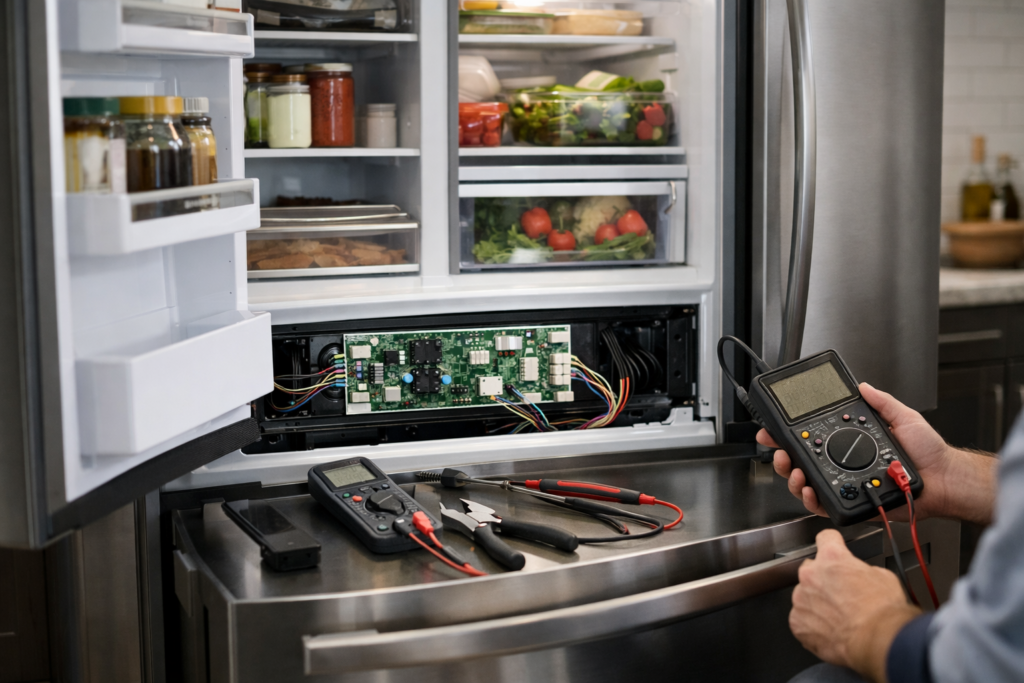 Technician inspecting control board inside a modern French door refrigerator in a bright kitchen setting